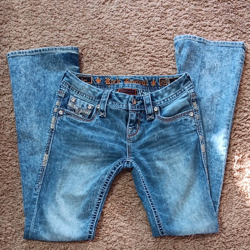 Rock Revival Blue Boot Cut Jeans with Faded Detailing